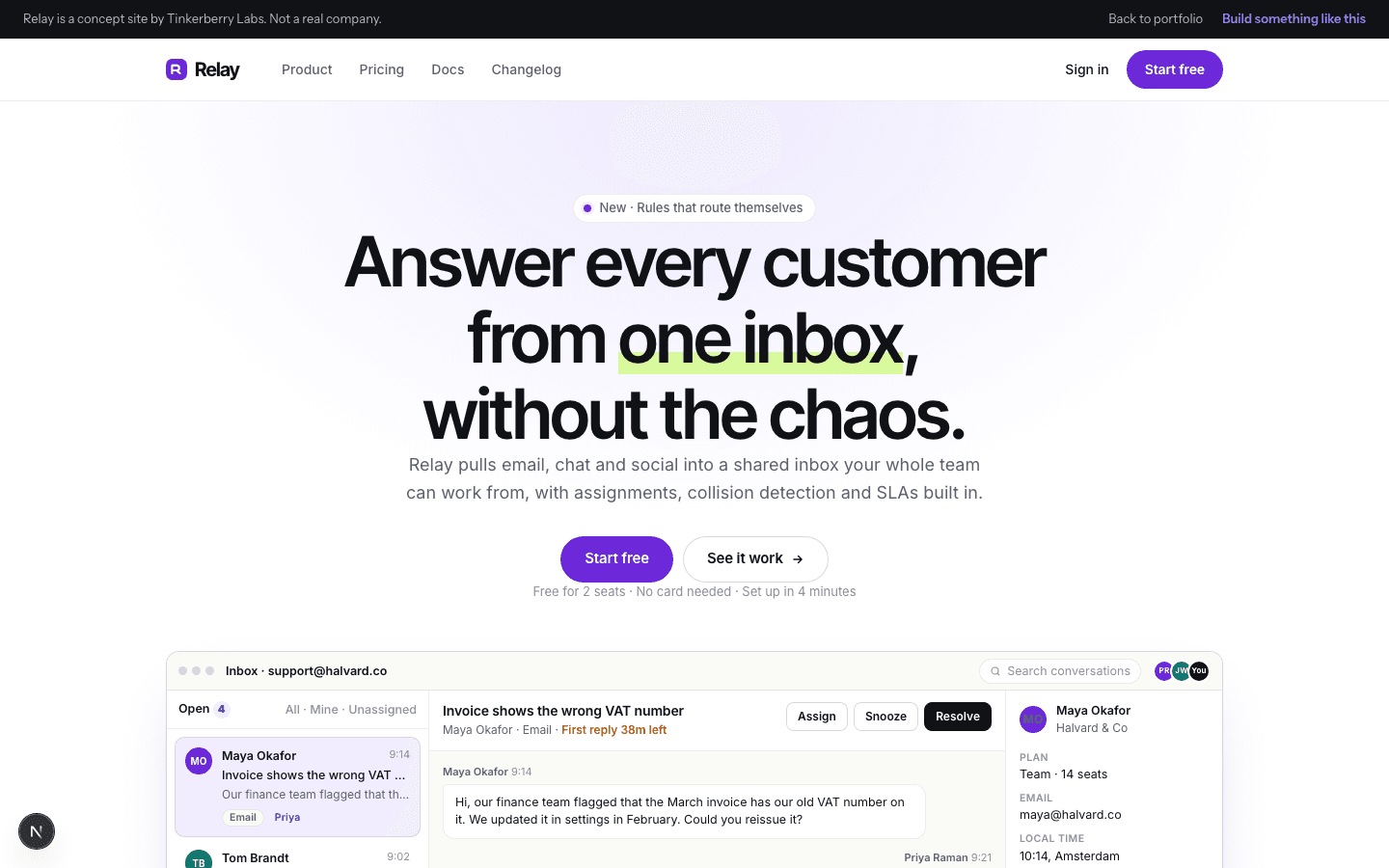 Relay: Shared inbox for support teams · landing page